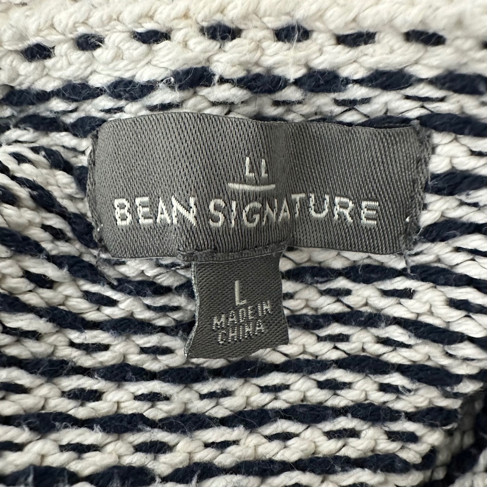 LL Bean Signature Organic Cotton Rollneck Sweater Mens Cream Navy Birdseye Knit - Picture 10 of 12